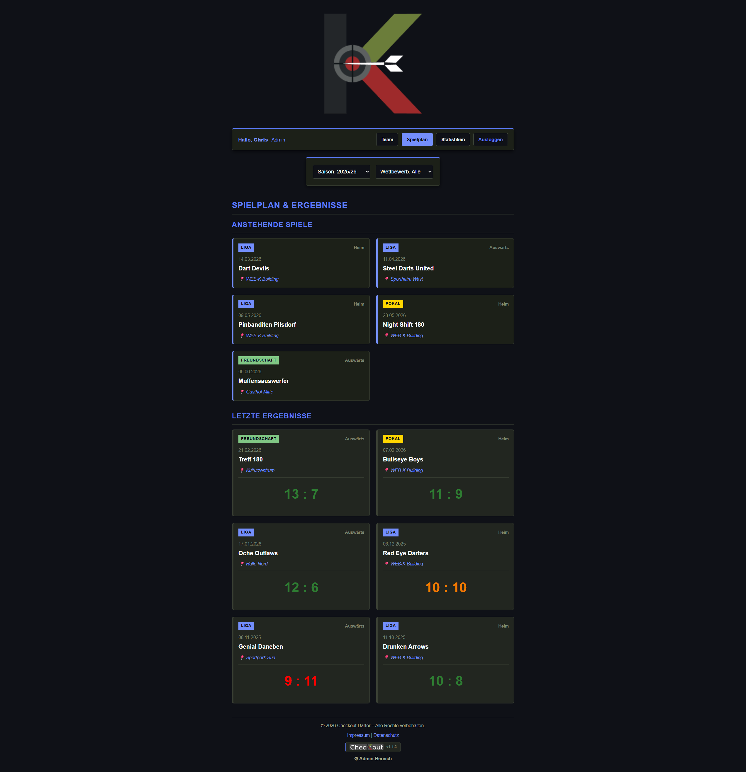 Spielplan und Ergebnisse in ChecKout