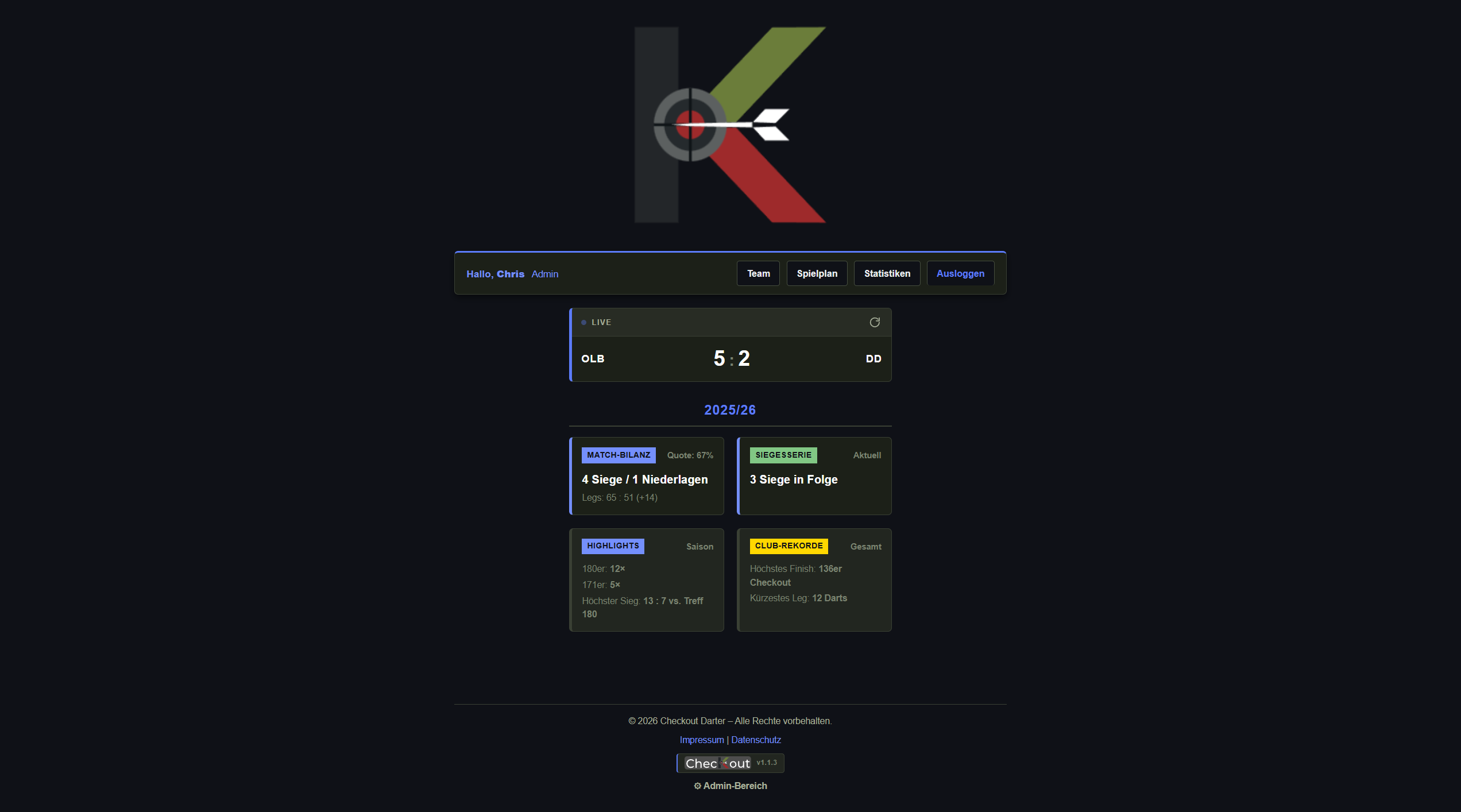 ChecKout Team-Startseite mit Live-Ergebnis